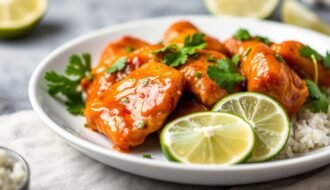 Sweet Chili Lime Chicken served on a white plate with lime wedges and cilantro garnish
