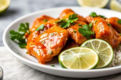 Sweet Chili Lime Chicken served on a white plate with lime wedges and cilantro garnish