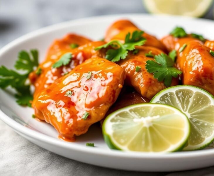 Sweet Chili Lime Chicken served on a white plate with lime wedges and cilantro garnish