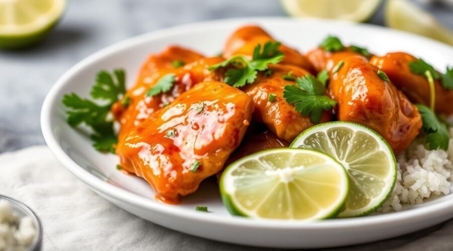 Sweet Chili Lime Chicken served on a white plate with lime wedges and cilantro garnish